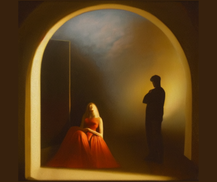Man and woman in dreamscape doorway